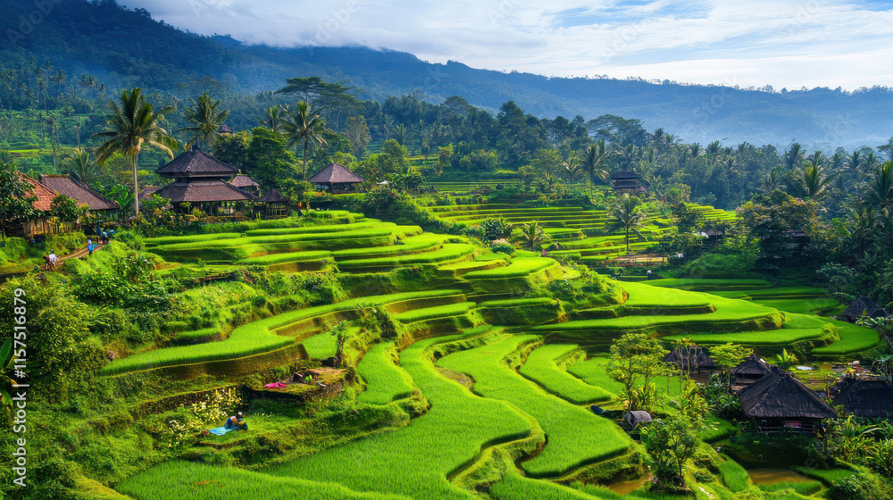 Canvas Prints Lush green rice terraces in a mountainous landscape under a clear blue sky.