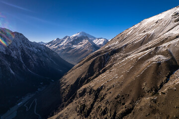 Beautiful aerial view of a mountain lake in a picturesque gorge. Landscape and nature of the North Caucasus