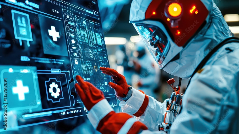 Poster a futuristic astronaut interacts with high-tech displays, showcasing advanced technology in a space 