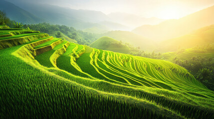 Fototapeta premium Lush green terraced rice fields under a golden sunrise in a mountainous landscape.