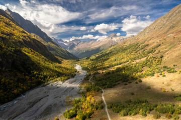 Beautiful aerial view of the mountainous area. Landscape and nature of the North Caucasus