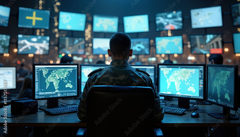 Poster military personnel works in cyber control center. soldiers monitor screens showing global maps, data