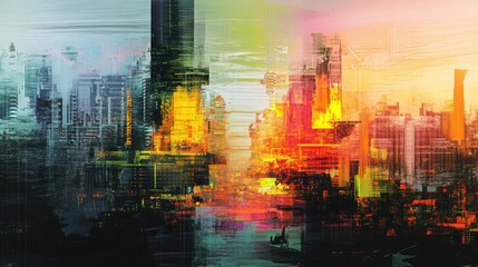 Fototapeta premium Glitch art-inspired futuristic cityscape with neon accents