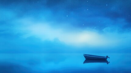 Tranquil Blue Landscape with a Lonely Boat Under a Starry Night Sky