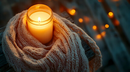 Cozy candlelight scene with a lit candle in a glass jar wrapped in a warm knitted scarf on a wooden surface, surrounded by soft bokeh lights.