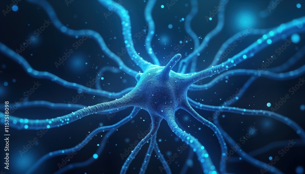 Poster abstract view of blue nerve cell. complex intricate connections, dendrites form network. microscopic