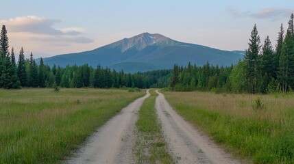 Serene Dirt Path Leading to Majestic Mountain Under Soft Blue Sky