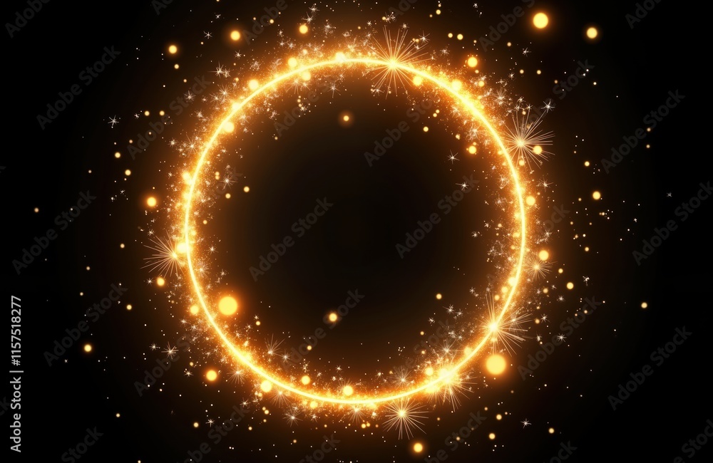 Poster golden circle of light with sparkles, particles against black backdrop. circular frame glows brightl