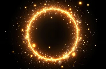 Golden circle of light with sparkles, particles against black backdrop. Circular frame glows brightly with shimmering gold glitter. Sparkling ring effect creates festive holiday design. Could used as
