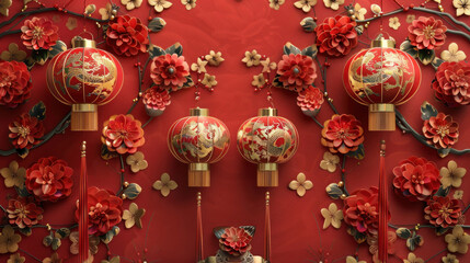 Fototapeta premium Chinese New Year decorations, traditional festive theme, vibrant colors, rich red and gold details, detailed cultural elements, high-resolution illustration