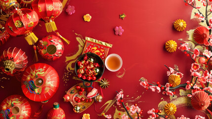 Fototapeta premium Chinese New Year decorations, traditional festive theme, vibrant colors, rich red and gold details, detailed cultural elements, high-resolution illustration