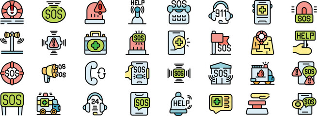 Various icons representing emergency services, communication methods, and rescue equipment used in distress situations, emphasizing the importance of quick response and effective aid