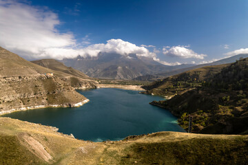Beautiful aerial view of the mountainous area. Landscape and nature of the North Caucasus