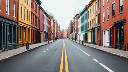 Fototapeta premium Colorful street view with unique buildings and clear sky.