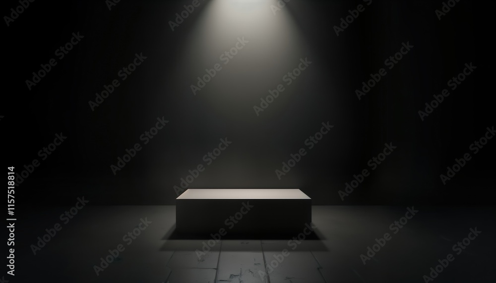 Poster empty dark studio space. spotlight highlights simple gray cube. minimalist design. great for product