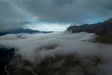 Mountains in the clouds. Low clouds in the North Caucasus mountains