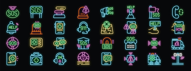 Bright neon icons symbolize various emergency services, from sos signals and 911 calls to lifebuoys and ambulances, creating a vibrant tableau against a dark backdrop © ylivdesign