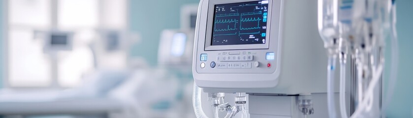 Fototapeta premium Medical equipment in a modern hospital setting with monitors.