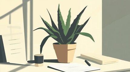 Aloe Vera Plant in Pot on Desk, Minimalist Home Office Scene