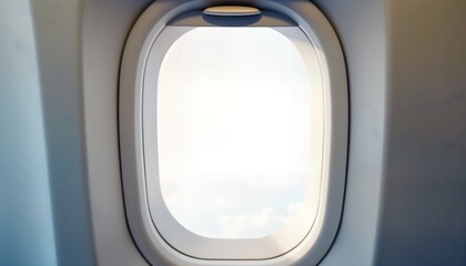 Airplane window shows cloudy sky. Interior view. Blank window. Travel concept. Aerial perspective. Aircraft window. Plane porthole. Flight concept. Travel, tourism. Travel photo. Trip element. Travel
