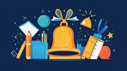 Back to School: School Bell with Supplies Illustration