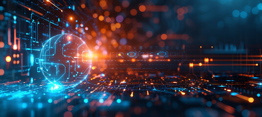 Fototapeta premium A digital futuristic design showcasing a glowing sphere surrounded by a network of vibrant orange and blue circuits. A representation of innovation and technology.
