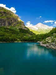 Beautiful aerial view of a mountain lake in a picturesque gorge. Landscape and nature of the North Caucasus