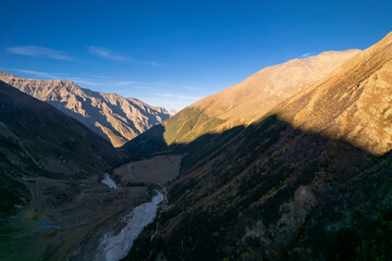 Beautiful aerial view of the mountain gorge. Landscape and nature of the North Caucasus
