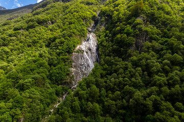 Beautiful view of a waterfall in the North Caucasus mountains. Landscape and nature of the North Caucasus