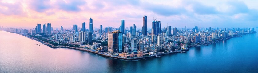 Fototapeta premium Stunning panoramic view of a vibrant city skyline at sunset.