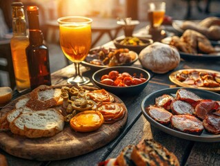 A vibrant spread of gourmet food and drinks on a wooden table.
