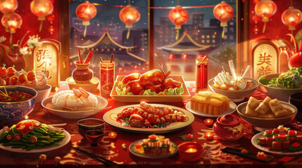 Chinese New Year family dinner, traditional festive theme, vibrant colors, rich red and gold details, detailed cultural elements, high-resolution illustration