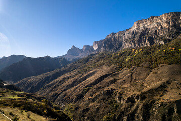 Beautiful aerial view of a mountain range with high cliffs. Landscape and nature of the North Caucasus