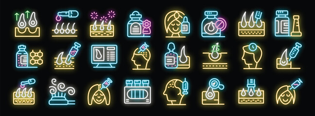 Neon icons depicting hair follicle treatments, including prp therapy, mesotherapy, and topical solutions, address hair loss concerns