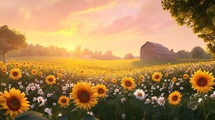 Golden hour illuminates a vibrant meadow of sunflowers, painting the rural landscape with a breathtaking sunset