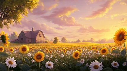 Golden hour illuminates a vibrant meadow of sunflowers, painting the rural landscape with a breathtaking sunset