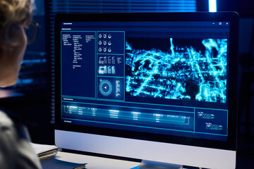 Desktop computer screen with army location standing on workplace of mature operator of military office learning graphic data