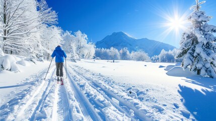 Perfect winter day Cross-country skier enjoys sunshine, fresh snow, and mountain views in the Alps.