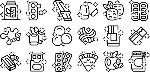 Chewing gum icons set. Various sugar substitutes and sweeteners sparkling and offering healthy alternatives for a balanced lifestyle