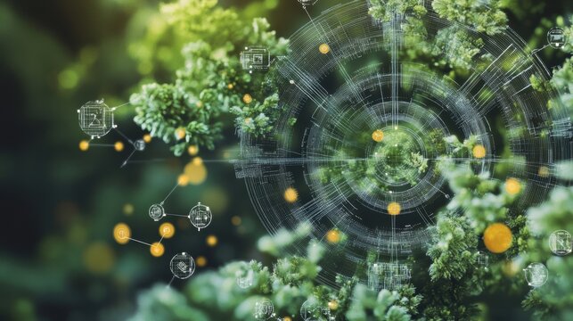 An intricate visualization of AI algorithms decoding images from satellite technology with overlays illustrating impacts on land use and environmental sustainability shown against a