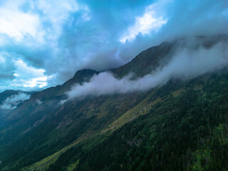 Mountains in the clouds. Low clouds in the North Caucasus mountains