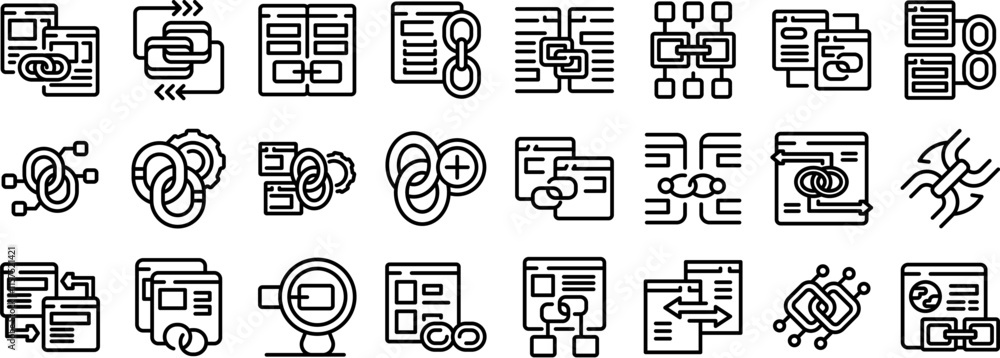 Poster backlink icons set. icons depicting cross linking of website pages, data synchronization, and integr