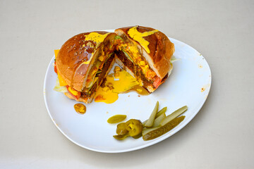 Big tasty burger with beef cutlet on a plate. Hamburger, cheeseburger with mushroom. Hamburger, Mexica, mushroom double burger.  Crispy chicken burger. With french fries, patates kizartmasi.