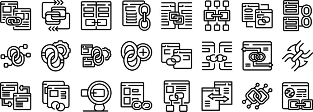 Backlink icons set. Icons depicting cross linking of website pages, data synchronization, and integration, symbolizing connection, network, and system unity