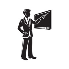 Teacher pointing at a blackboard silhouette vector black color design and solid white background 
