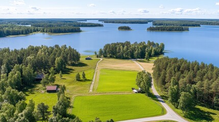 Aerial View of Lush Green Landscape with Serene Lake and Islands