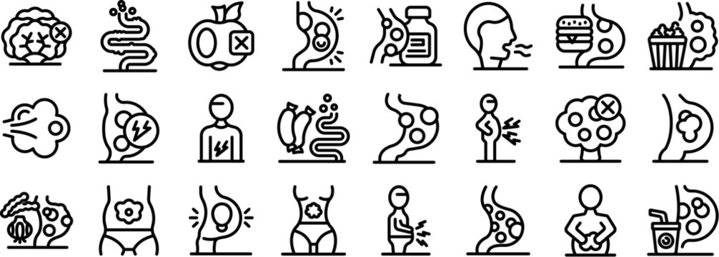 Bloating icons set. People experiencing digestive problems, discomfort, and symptoms related to stomach and gut health