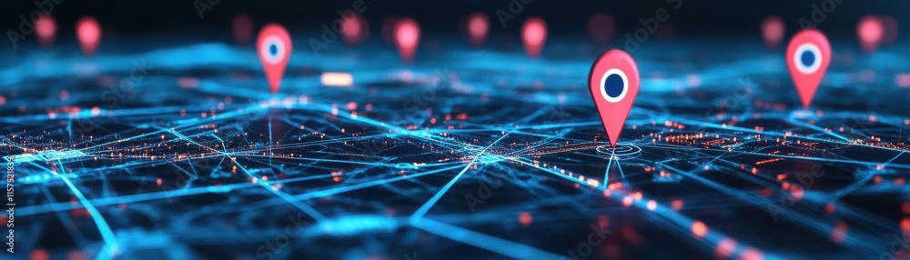 Poster futuristic network with location pins on a digital map.
