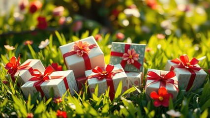A delightful collection of wrapped presents adorned with vibrant red ribbons and delicate floral accents, nestled amongst lush green grass and blooming flowers.