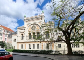 PRAGUE, CZECH REPUBLIC - APRIL 17, 2014: Spanish Synagogue in Prague. It is is a Moorish Revival synagogue owned by the Jewish Museum of Prague, and is used as a museum and concert hall
